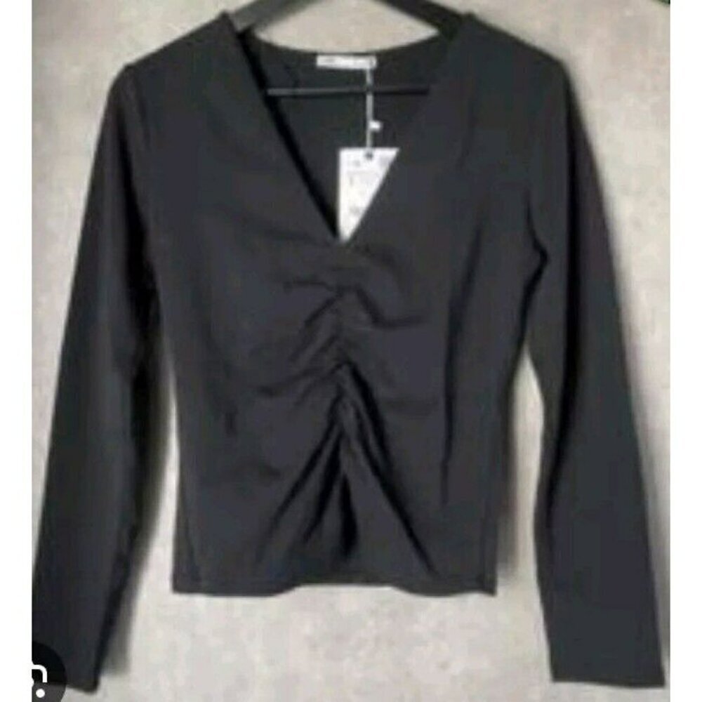 Zara Womens Top Size MediumBlack Ruched Front Long Sleeve V-Neck NWT 5644 025